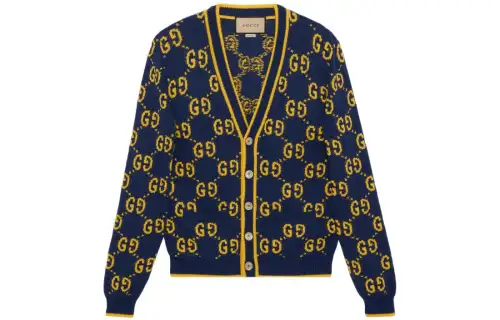 GUCCI Knitwear Men's Blue V Neck Moderate Cardigan