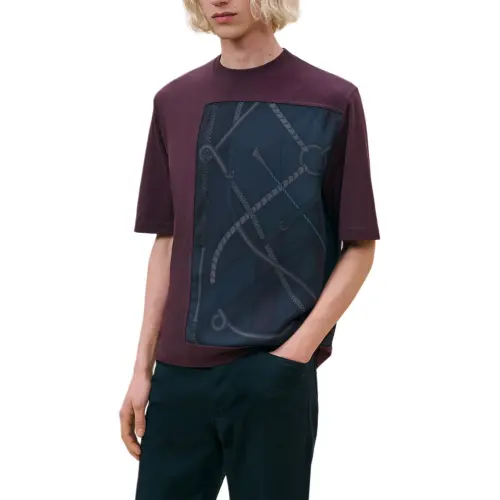 HERMES T Shirts Men's Dark Red Crew Neck Moderate Straight Fit