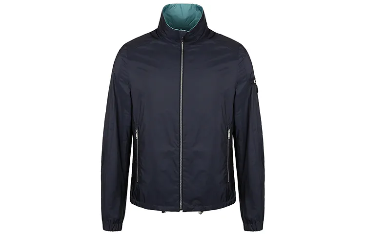 PRADA Jackets Men's Navy Blue Stand Collar Thin Reversible