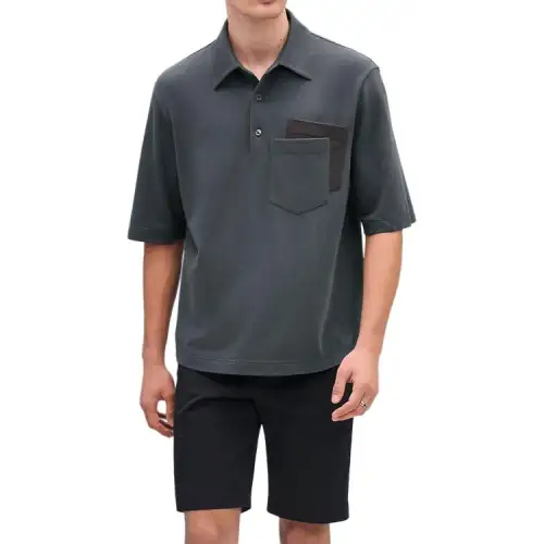 HERMES Polo Shirts Men's Gray Polo Collar Moderate Straight Fit