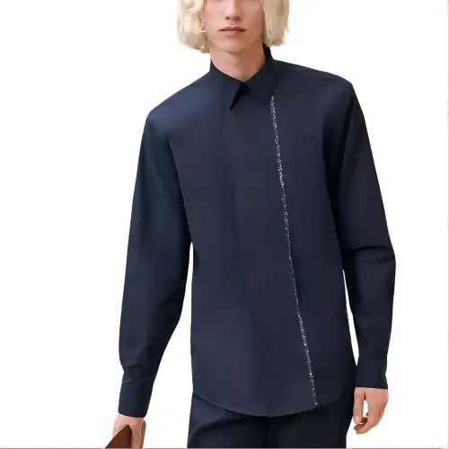 HERMES Shirts Men's Marine Blue Pointed Collar Moderate Other