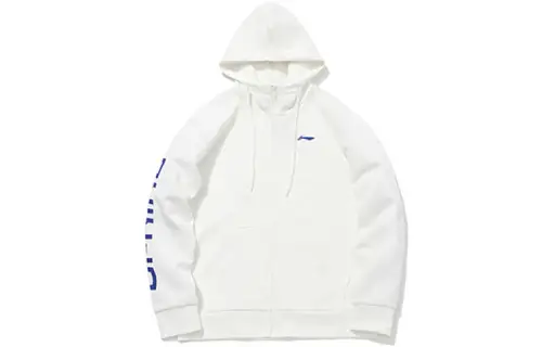 Li Ning Sports Fashion Collection Logo Print Fleece Lined Hooded Thermal Sweatshirt Jacket Unisex Ivory