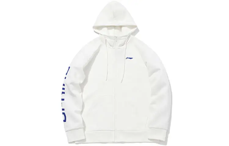 Li Ning Sports Fashion Collection Logo Print Fleece Lined Hooded Thermal Sweatshirt Jacket Unisex Ivory