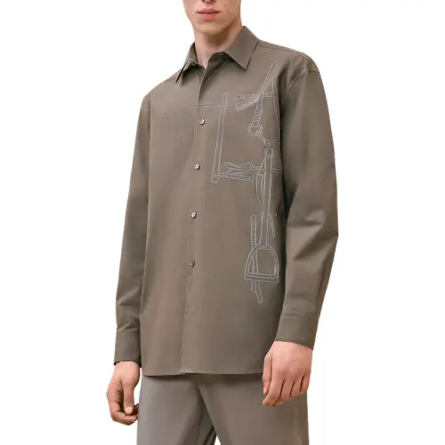 HERMES Shirts Men's Brown Lapel Moderate Other