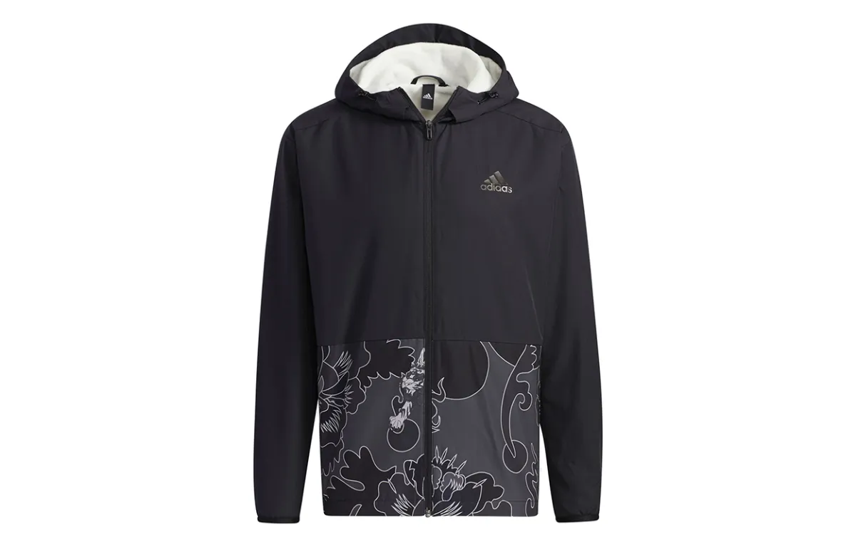 Adidas Aop Block Multicolor Windproof Fleece Lined Thermal Hooded Jacket Men's Black