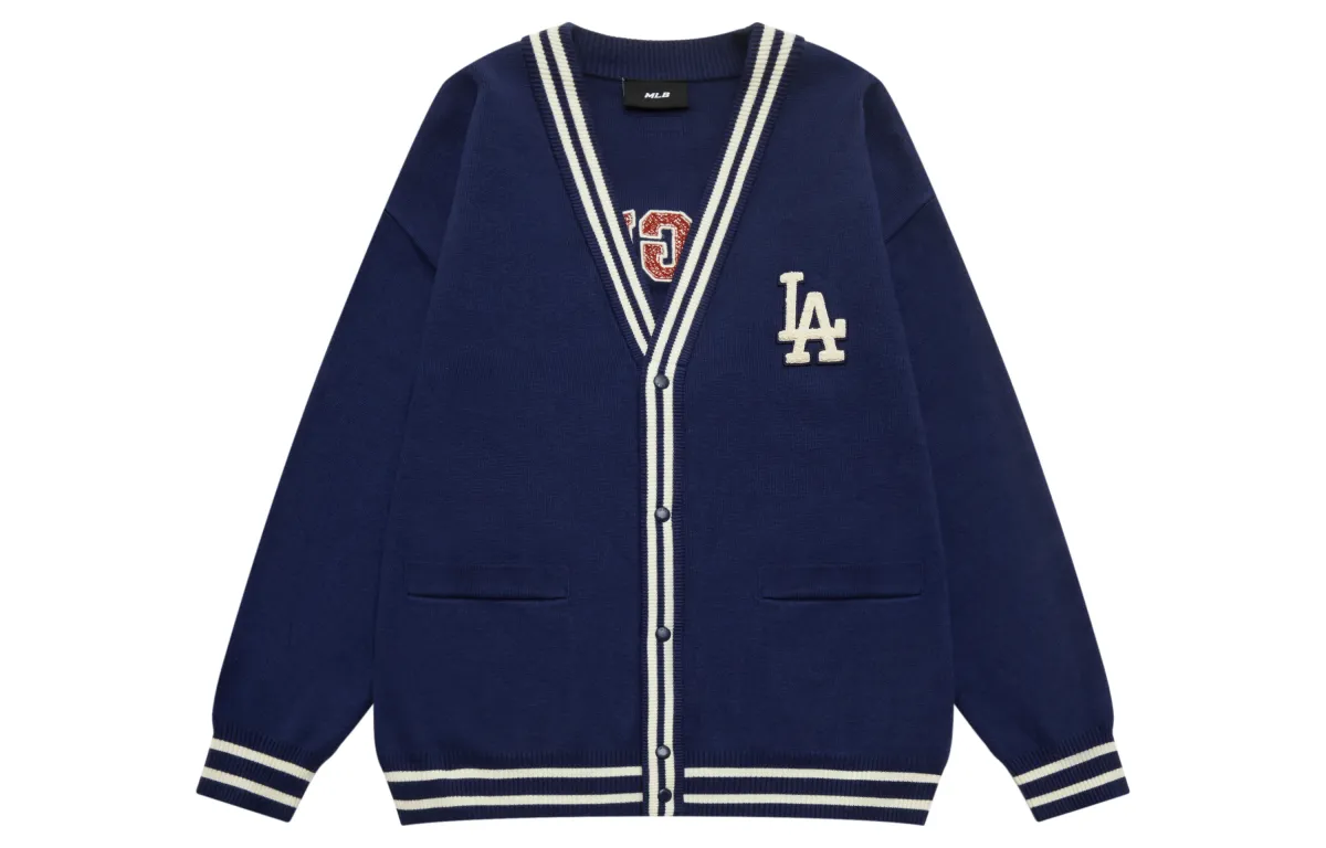 MLB Business Thickened And Fleece Lined Pullover Mock Two Piece Long Sleeved Knitwear Unisex Navy Blue