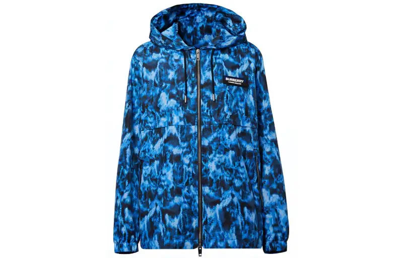 Burberry Men Letter Logo Zip-Up Hooded Jacket Navy Blue