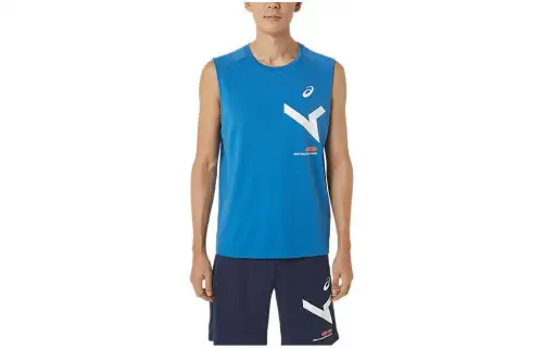 ASICS Tank Tops Men's Blue Crew Neck Moderate Straight Fit