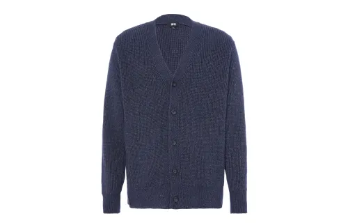 UNIQLO Knitwear Men's Sea Blue V Neck Moderate Cardigan