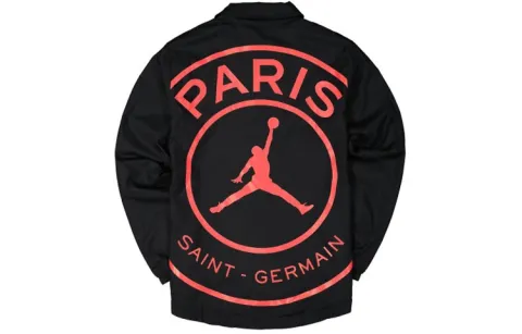 Jordan × PSG LOGO Instructor Jacket, Jordan × Paris Saint-Germain Jackets Men's Black Lapel Moderate Straight Fit