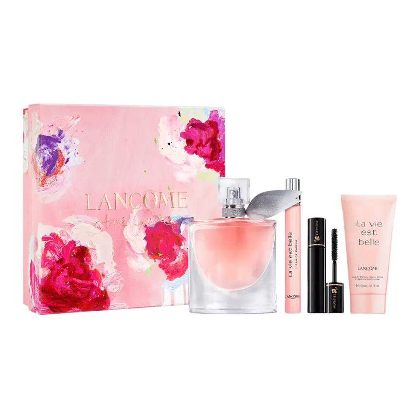 Gift box, perfume, body cream, mascara, floral set, 4 piece set