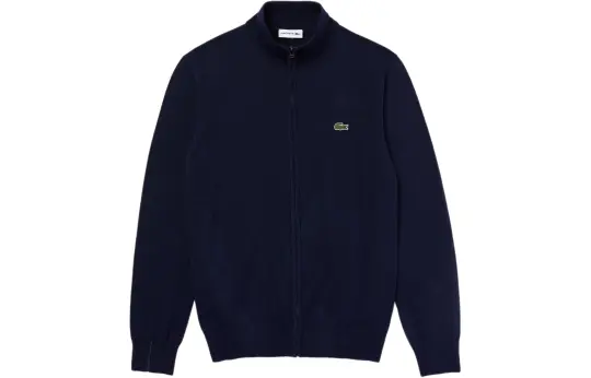 LACOSTE Stand Up Collar Organic Cotton Zippered Sweater Men's Marine Blue