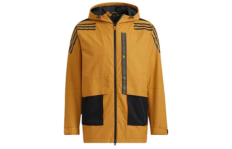 Adidas Color Block Sports Training Casual Hooded Fleece Lined Jacket Men's Wheat Brown