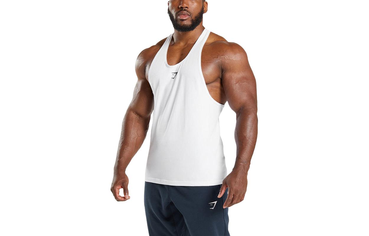 GYMSHARK Muscle Shark REACT STRINGER Logo Print Slim Fit Breathable Vest Men's White