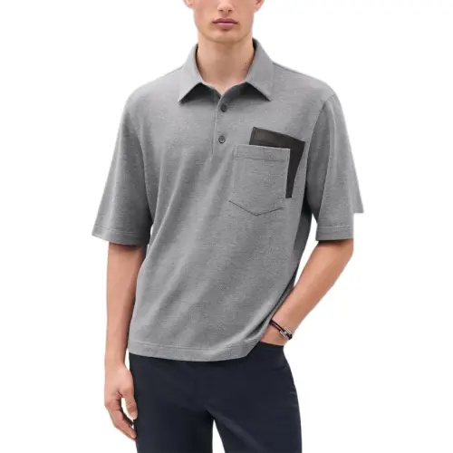 HERMES Polo Shirts Men's Gray Polo Collar Moderate Straight Fit