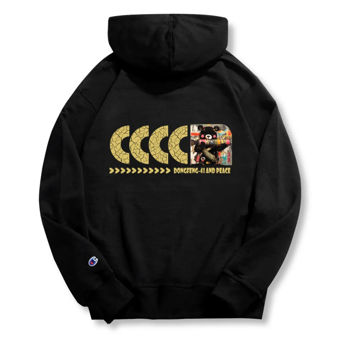 Champion Hoodie Letter Patterned Print Fleece Lined Hooded Sweatshirt US Version Unisex Black
