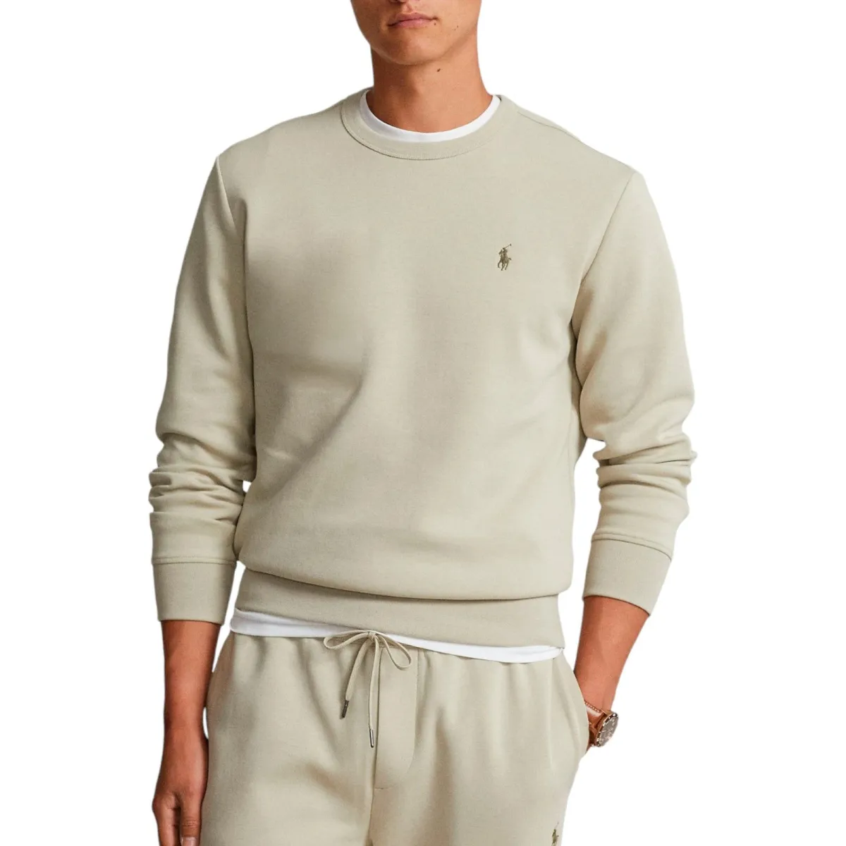 Polo Ralph Lauren Pony Logo Embroidery Crew Neck Fleece Lined Sweatshirt Men's Beige Brown