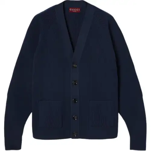 GUCCI Knitwear Men's Blue V Neck Moderate Cardigan