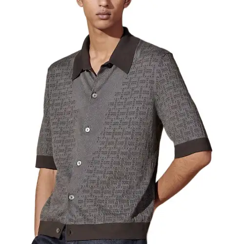 HERMES Knitwear Men's Gray Polo Collar Moderate Cardigan