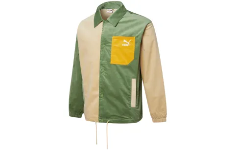 PUMA Cord Coach Jackets Men's Green Lapel Moderate Straight Fit