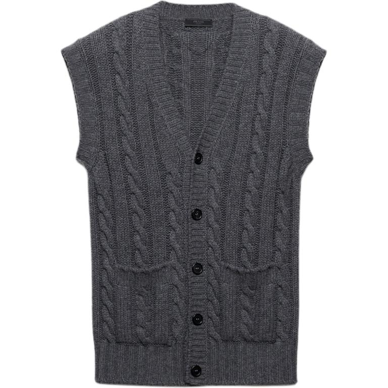 PRADA Prada FW24 solid color V-neck single-breasted short-sleeved sweater for men, slate gray