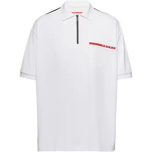 PRADA Polo Shirts Men's White Polo Collar Moderate Straight Fit