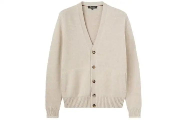 Loro Piana Knitwear Men's Ecru V Neck Moderate Cardigan