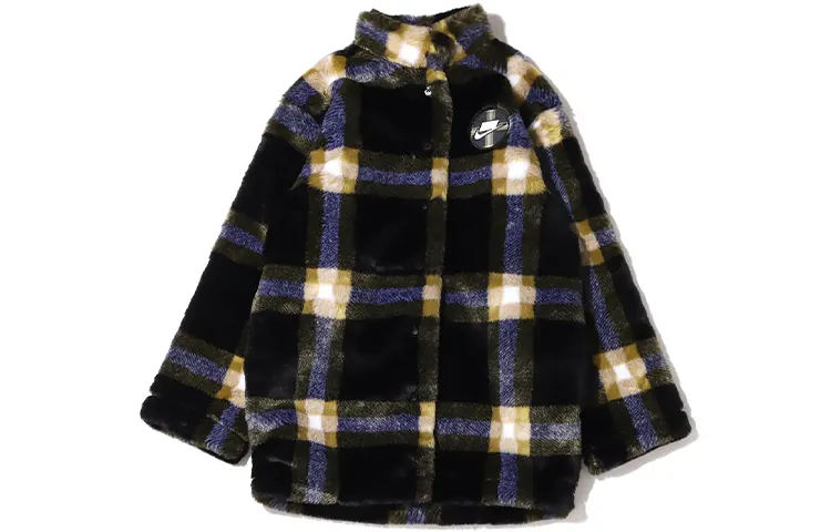 Nike Suede Plaid Fleece Lined Stand Collar Logo Jacket Unisex Purple