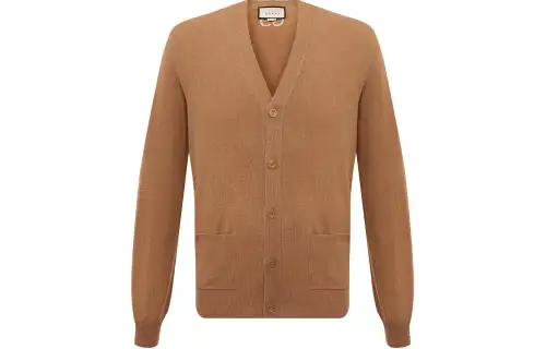GUCCI Knitwear Men's Brown V Neck Moderate Cardigan