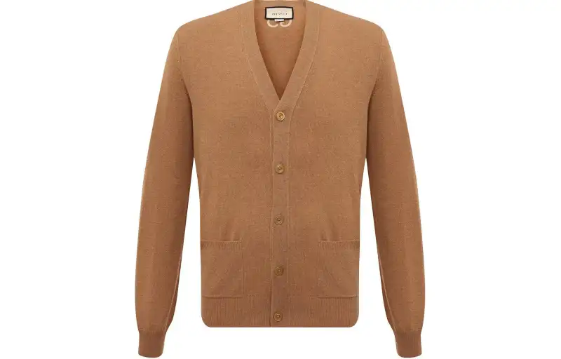 GUCCI Knitwear Men's Brown V Neck Moderate Cardigan