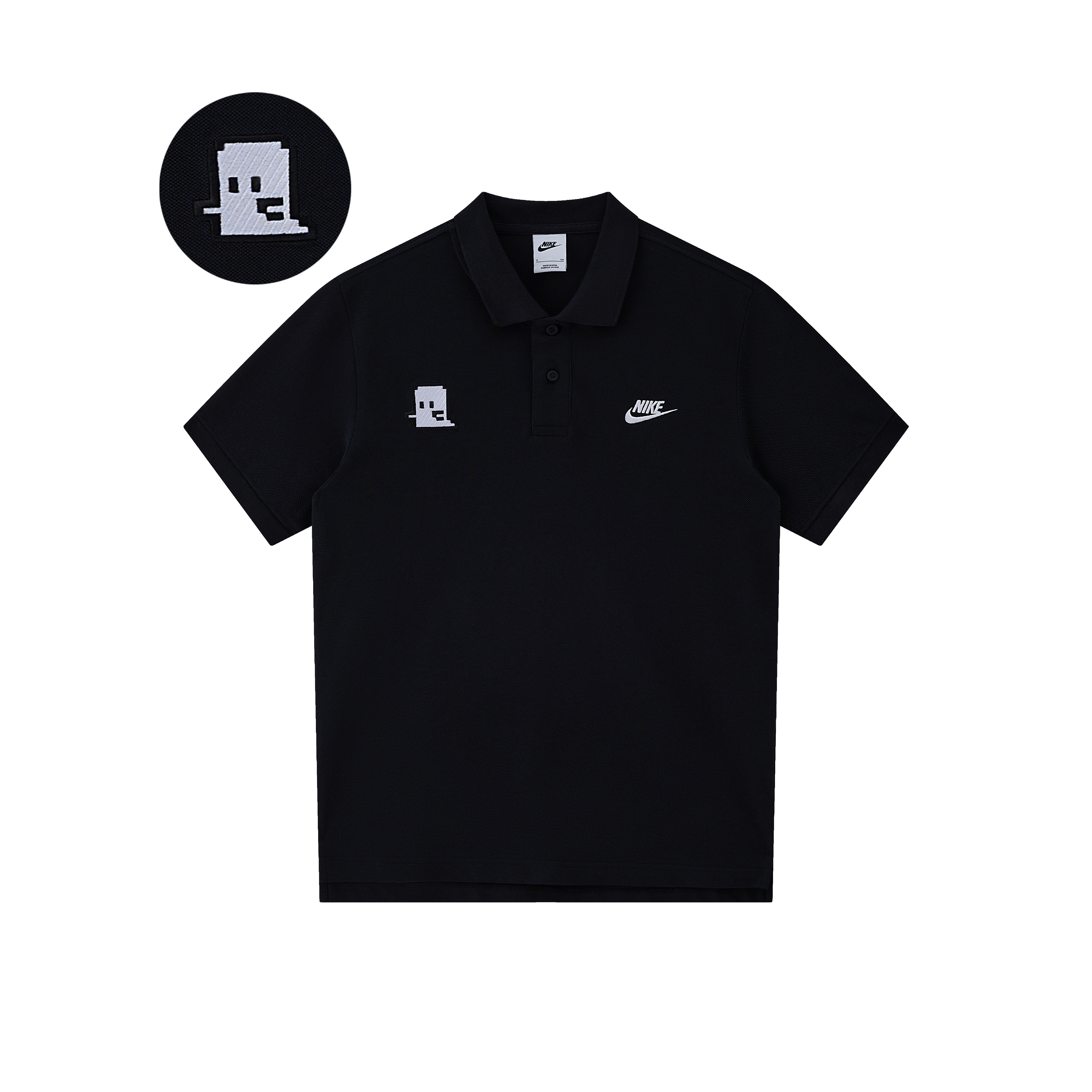 Nike, white ghost uniform, cartoon breathable black polo for leisure for men and women, custom-made, with embroidery, with short sleeve