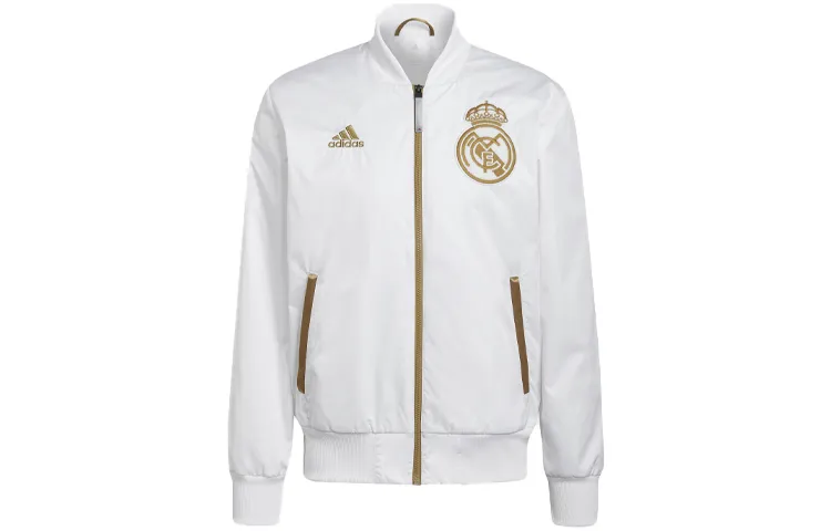 Adidas Real Madrid Football Jackets Men's White Baseball Collar Moderate Straight Fit