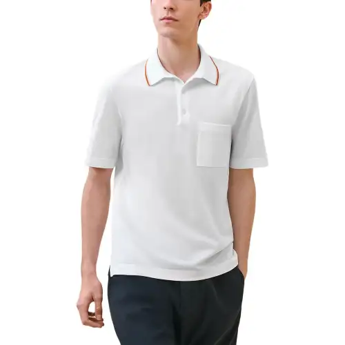 HERMES Polo Shirts Men's White Polo Collar Moderate Straight Fit