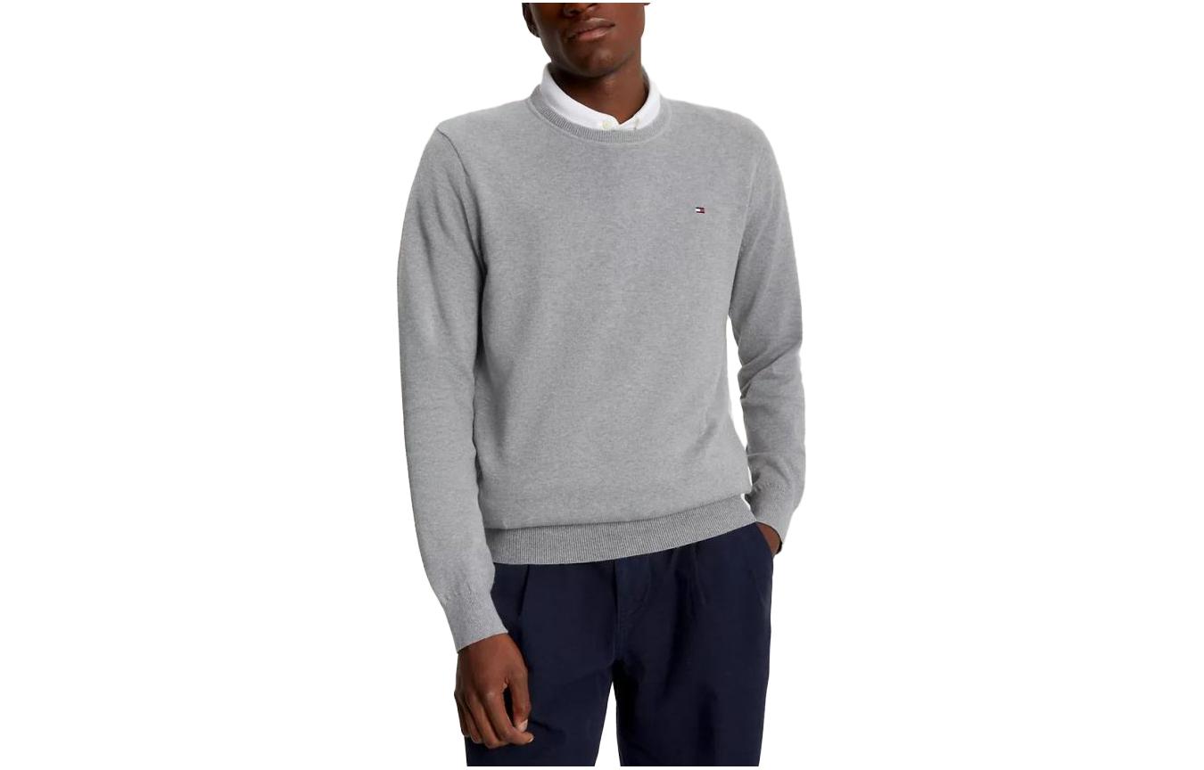 Tommy Hilfiger FW23 solid crewneck sweate sweaters grey headher logo embroidered round necklads long -sleeved sweater men's gray