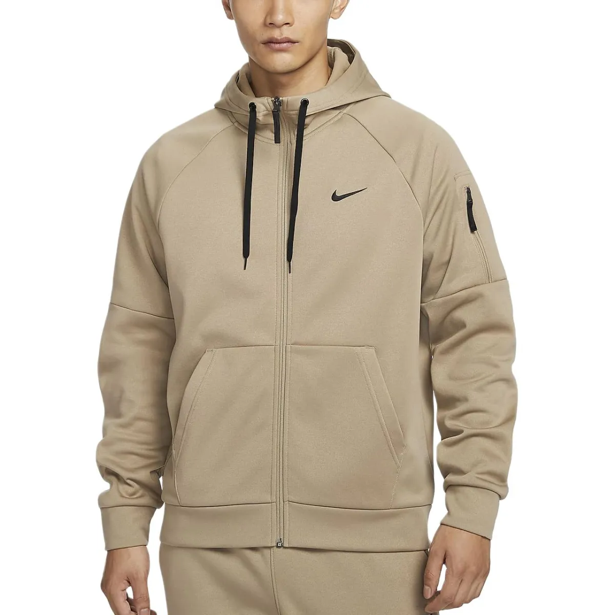 Nike Therma FIT Solid Color Fleece Lined Full Zipper Thermal Hooded Cardigan Sweatshirt Men's Khaki