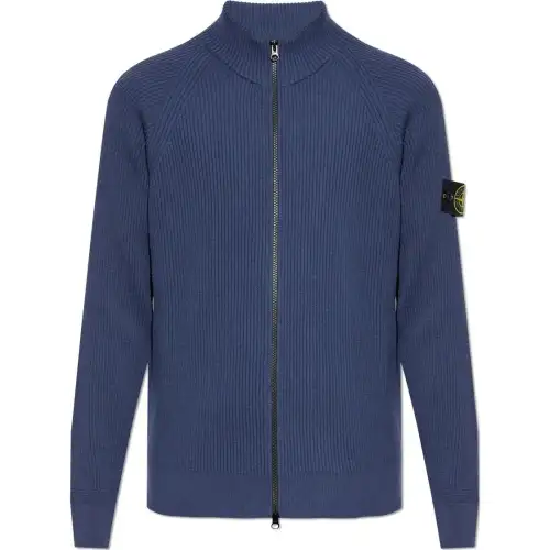 STONE ISLAND Logo Patch Zip-Up Ribbed Cardigan
