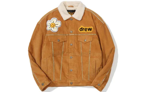 Drew House FW21 Smiley Face Series Corduroy Trucker Jacket Camel Corduroy Patch Logo Smiley Face Jacket Jacket Same Style for Men and Women Camel