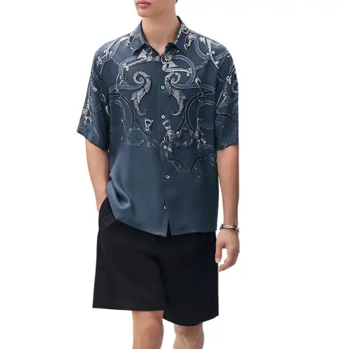 HERMES Shirts Men's Blue Lapel Moderate Other