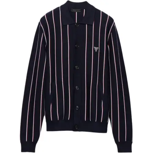PRADA Sweaters Men's Blue Polo Collar Moderate Cardigan