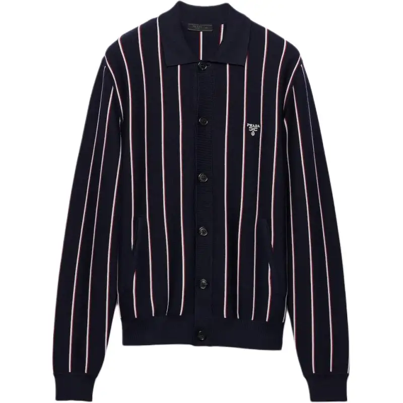 PRADA Sweaters Men's Blue Polo Collar Moderate Cardigan