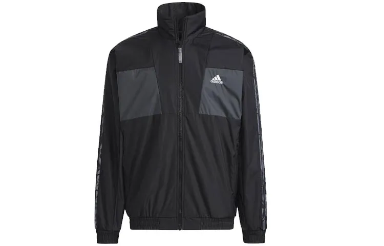 Adidas Logo Print Reversible Fleece Lined Multicolor Stand Collar Jacket Men's Black