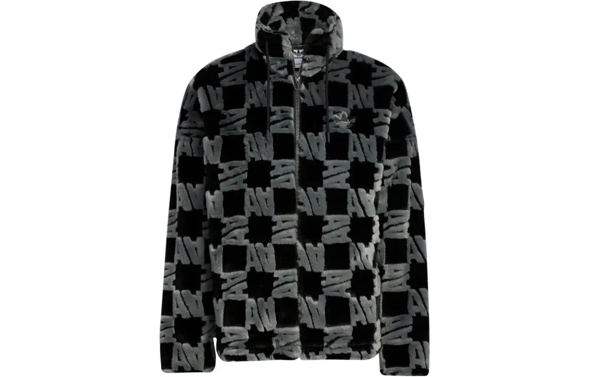 Adidas Originals Logo All Over Print Pattern Zippers Stand Collar Fleece Lined Jacket Unisex Black