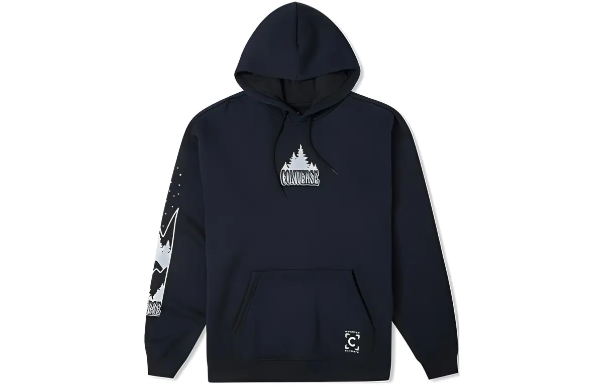Converse Solid Color Print Landscape Pattern Fleece Lined Hooded Long Sleeved Sweatshirt Men's Black