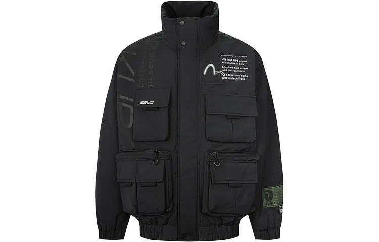 EVISU Solid color multi-pocket laminated bomber jacket for men