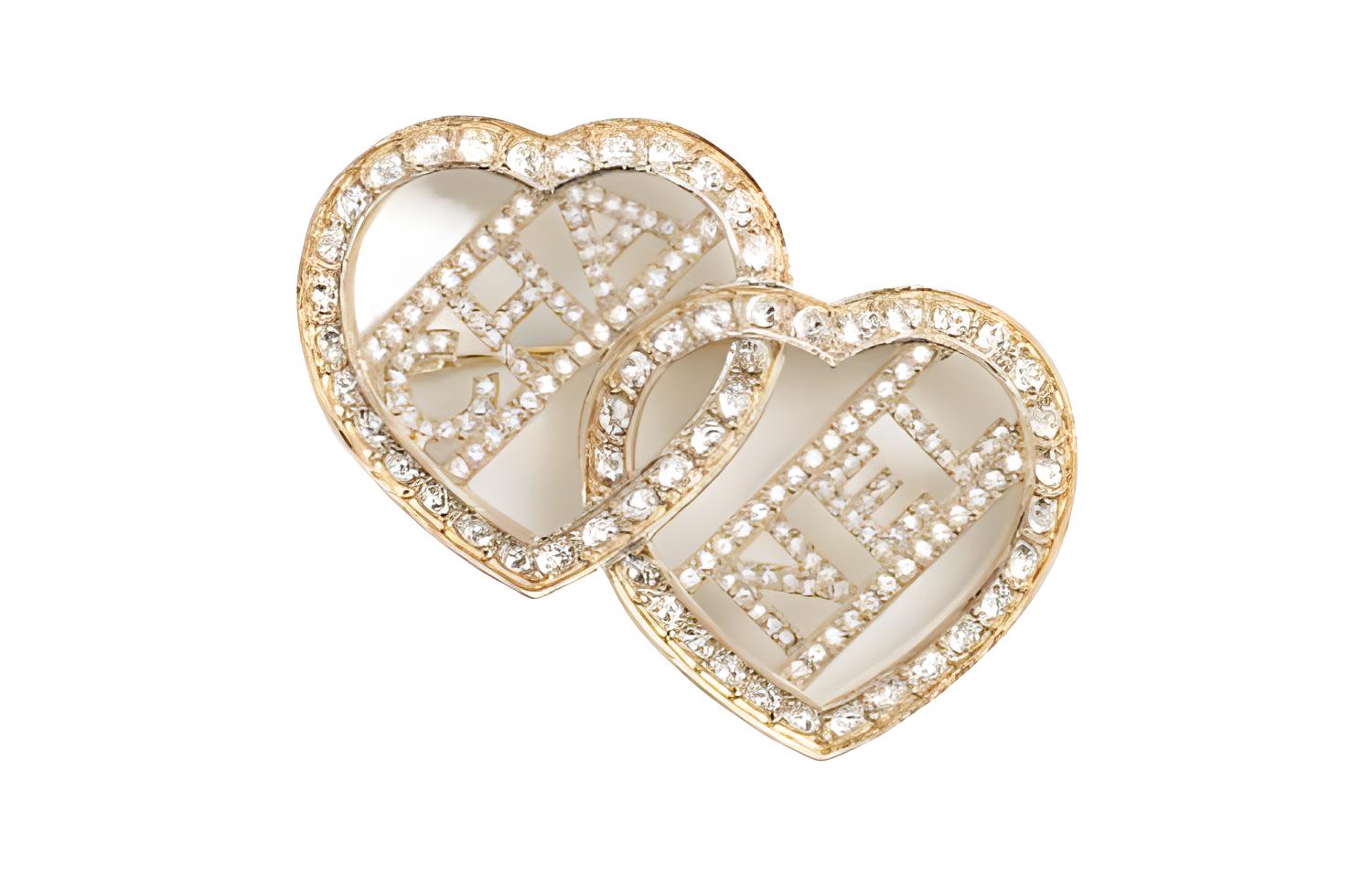 Chanel 2023 Plated Rhinestones Logo Double Heart Brooch costume brooch
