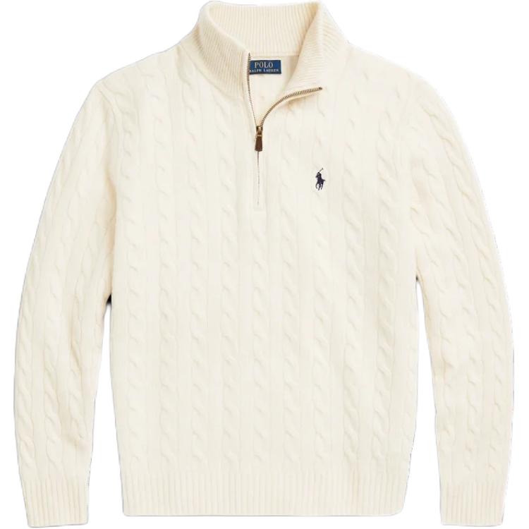 Polo Ralph Lauren Woolen cashmere pony, knitted chain with zipper, long-sleeve, white sweater, with embroidery, high collar, men's style