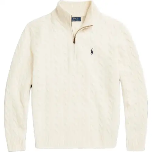 Polo Ralph Lauren Woolen cashmere pony, knitted chain with zipper, long-sleeve, white sweater, with embroidery, high collar, men's style