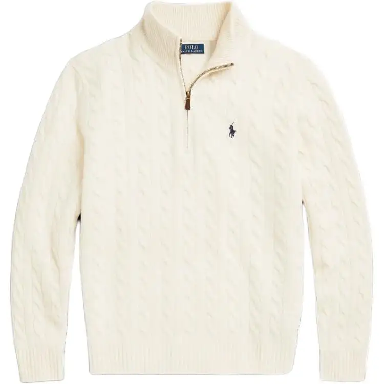 Polo Ralph Lauren Woolen cashmere pony, knitted chain with zipper, long-sleeve, white sweater, with embroidery, high collar, men's style