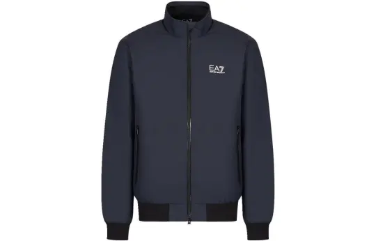 EMPORIO ARMANI EA7 FW22 Letter Logo Print Zippers Stand Collar Fleece Lined Jackets & Coats Men's Dark Blue