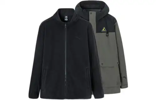 Anta Outdoor Collection, Patchwork Patterned Print Fleece Lined Hooded Zippers Jacket Men's Dark Aqua Green